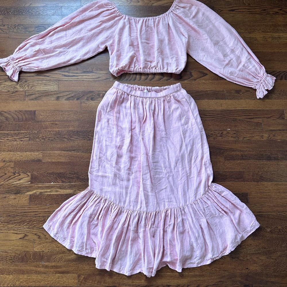 Honeydove vintage, one of a kind, Hemp silk puff sleeve Top and Skirt Set medium